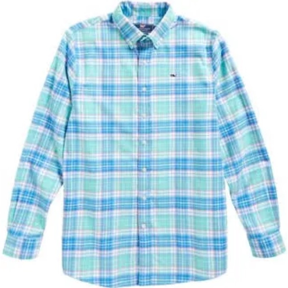 Vineyard Vines Blue & Teal Button-Down Whale Shirt Boys Size 6
